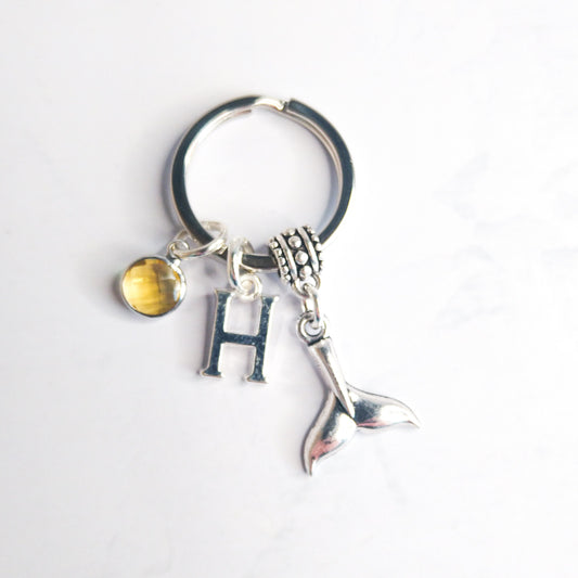Whale Tail Keyring: Personalised Initial & Birthstone Charm