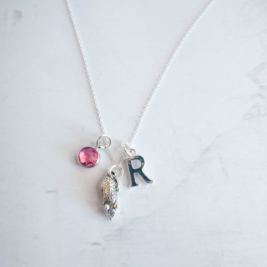 Mouse necklace, personalised gifts, mice jewellery for women, birthstone and initial charms, rodent gift