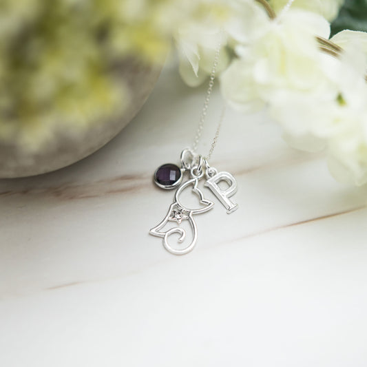 Cat necklace, personalised gifts, kitten jewellery, birthstone crystal initial charm, new cat rescue, cute animal gift, pet loss memorial