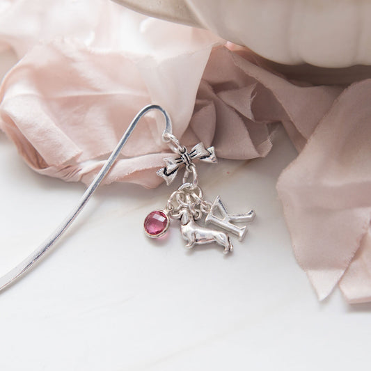 Dachshund bookmark, dog gifts, personalised gift, birthstone initial, new puppy gift, book lover gifts, dog walker thank you, wiener sausage