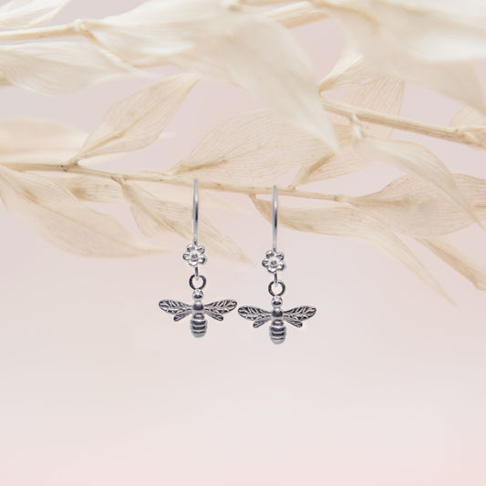 Sterling silver bee earrings, bumble bee jewellery, flower drop earring, hook ear wires, gifts for her