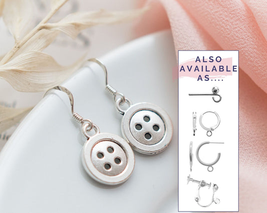 Button earrings, sewer hoops, clip on non-pierced, gifts for dressmaker, seamstress jewellery, sewing teacher present, drop dangle charm