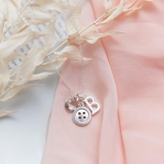 Button necklace,  personalised gifts, gift for sewer, custom birthstone letter, sew teacher thank you, wedding dressmaker seamstress present