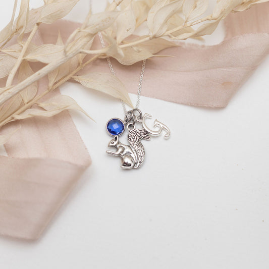 Squirrel necklace, personalised gifts, birthstone initial jewellery, Autumn animals, custom fall gifts, woodland walks, acorn gifts