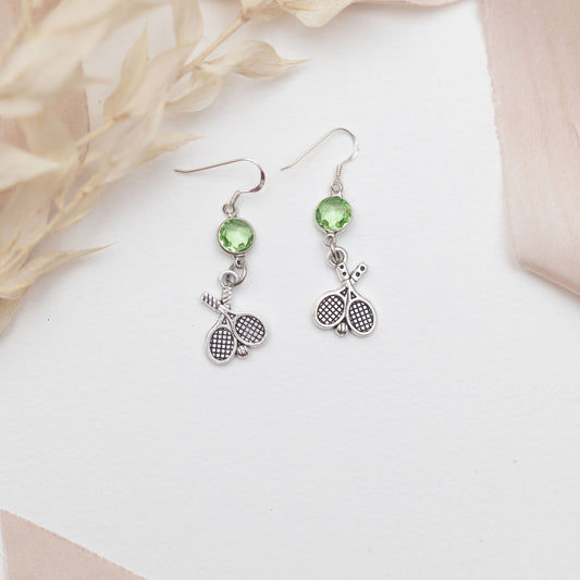 Tennis racket earrings, birthstone jewellery, personalised gifts, tennis theme gifts, sports gifts, coach teacher thank you, Wimbledon theme