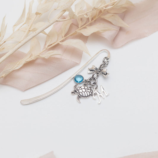 Turtle bookmark, personalised gifts, birthstone and initial, metal charm page marker, ocean sea creature, turtle gifts,