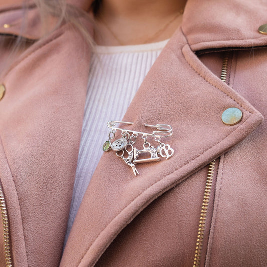 Sewing brooch, personalised gifts, birthstone and letter, gift for sewer, sew theme accessory, button scissor sewing machine charms