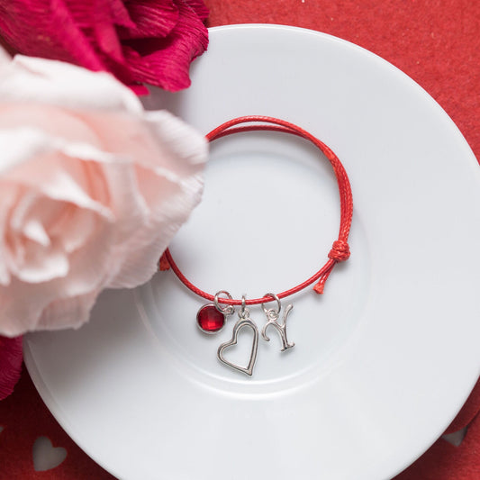 Waxed heart charm bracelet, adjustable cord bangle, valentines gift, girlfriend, wife, love, personalised gifts, birthstone letter