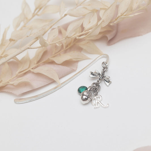 Acorn bookmark, personalised gifts, birthstone and initial, custom metal charm page marker, woodland walks, nature Autumn, teacher thank you