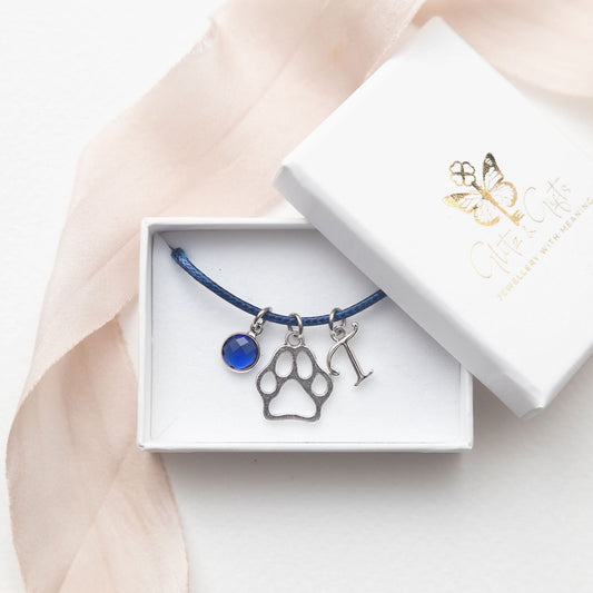 Paw print bracelet, waxed cord adjustable, personalised gifts, dog gift, animal jewellery, custom letter birthstone, pet loss keepsake