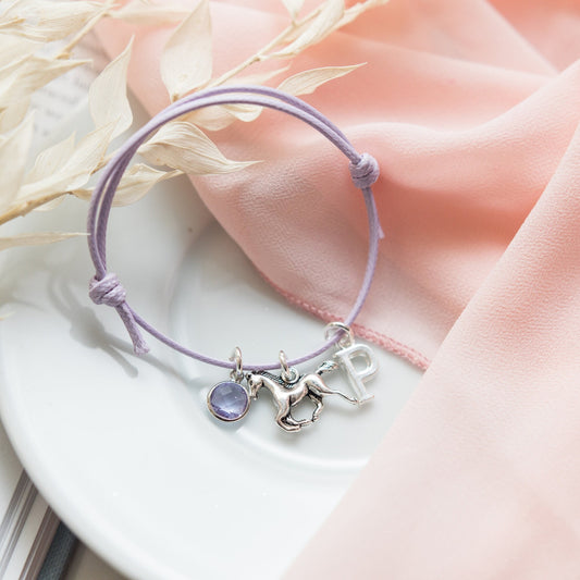 Horse bracelet, waxed cord adjustable bracelet, birthstone initial, personalised gifts, animal jewellery, equestrian rider gift, pony