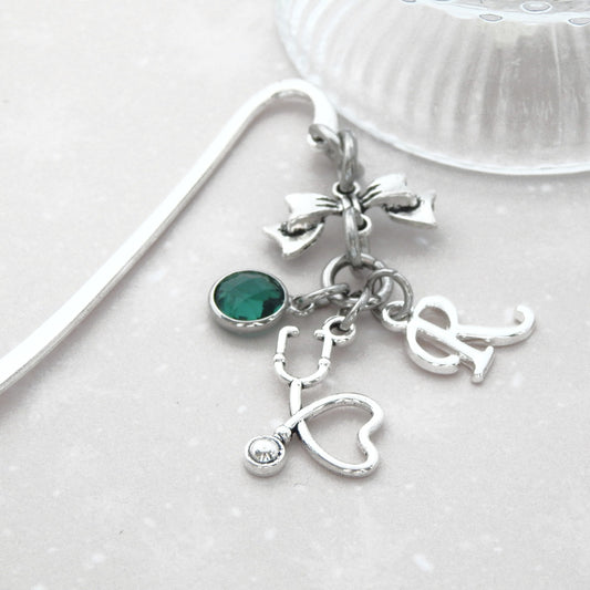 Stethoscope bookmark, personalised gifts, birthstone and initial gift, metal charm page marker, gift for DR