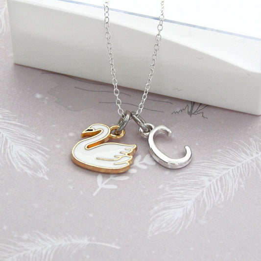 White Swan Necklace: Personalised Initial Charm, Silver Plated Chain
