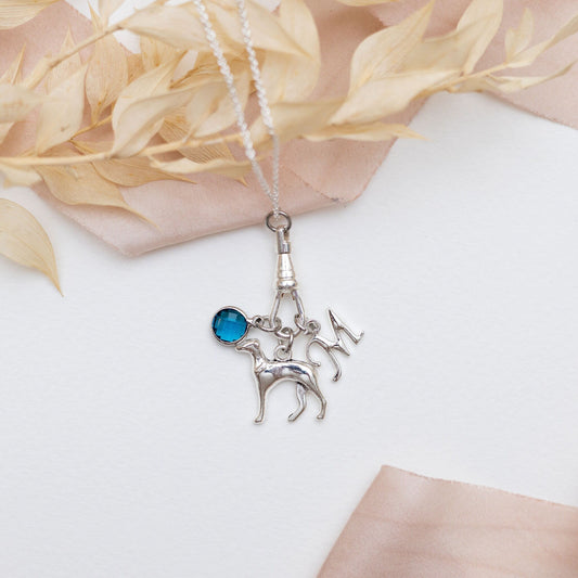 Greyhound necklace, albert swivel clasp, personalised gifts, dog owner jewellery, birthstone letter, dog walker gift, pet loss, new puppy