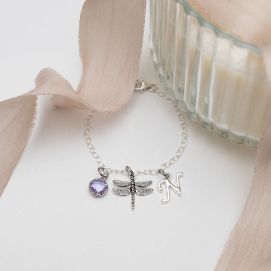 Dragonfly bracelet, personalised gifts, insect jewellery, gift for gardener, friendship keepsake, dragonfly gift, birthstone letter