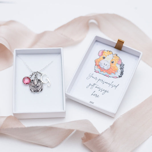 Guinea pig necklace, personalised gifts, birthstone initial jewellery, pet loss gift, guinea pig owner gifts, rodent animal gift