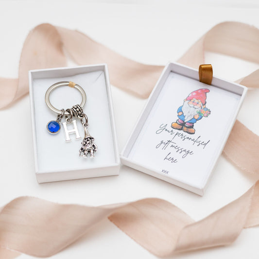 Gnome keyring, personalised gifts, garden gnome keychain, gonk bag charm, gift for gardener, whimsical woodland key fob,