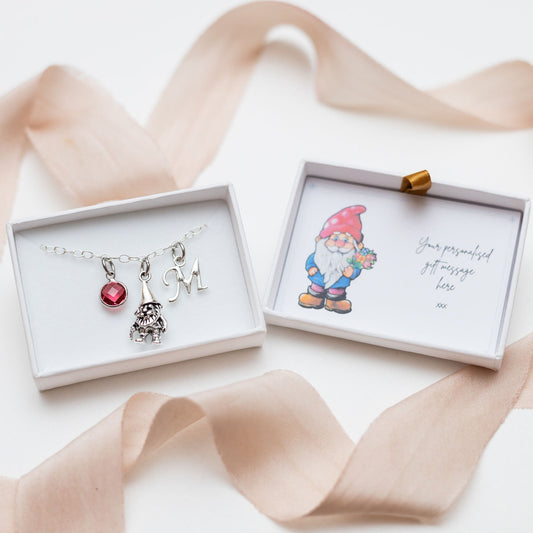 Gnome bracelet, personalised gifts, garden gnome jewellery, birthstone initial charm, gift for gardener, whimsical accessory