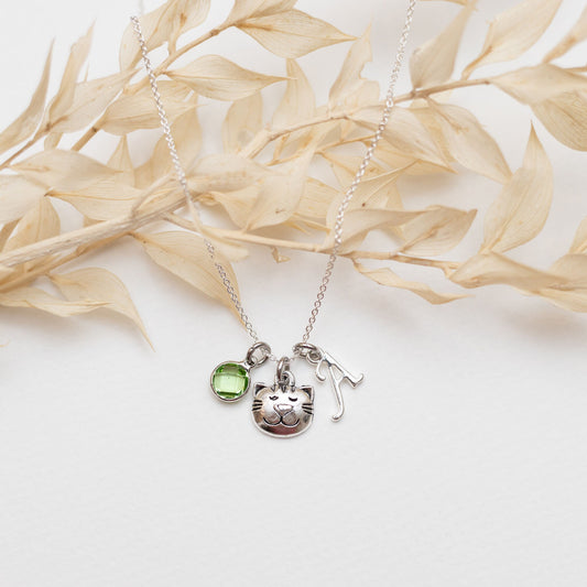 Cat Face Necklace: Personalised Birthstone & Letter Charm