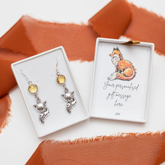 Fox earrings, birthstone jewellery, personalised gifts, Autumn fall accessory, vixen jewellery, fox lover gift, cute animal, dangly charm