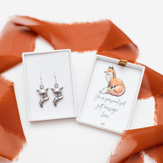 Fox earrings, fox gifts, drop dangle charms, animal gifts, vixen jewellery, foxes face tail, woodland animal, nature jewellery