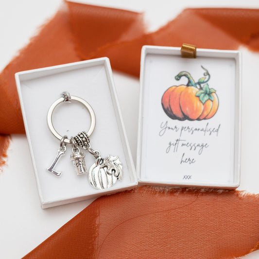 Pumpkin spice coffee keyring, personalised gifts, pumpkin spice latte, Autumn 2025, PSL, Autumnal bag charm, Halloween gift, boo bag filler