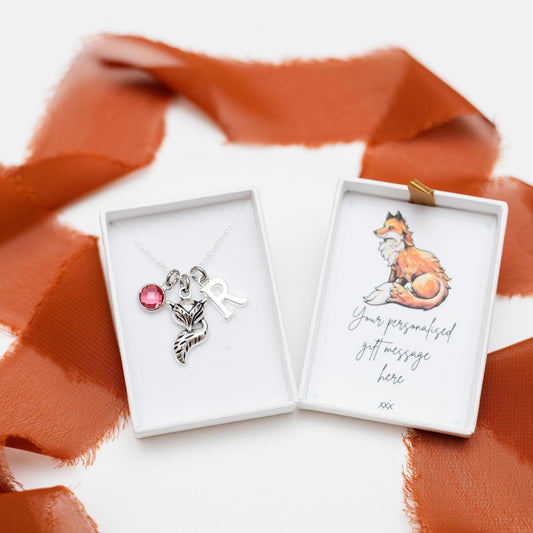 Fox necklace, personalised gifts, women's jewellery, woodland gift, vixen accessory, birthstone initial letter, custom animal gift