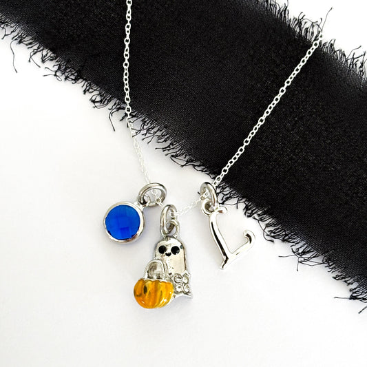Ghost Charm Necklace: Halloween Pumpkin Pendant, Personalised Initial Birthstone
