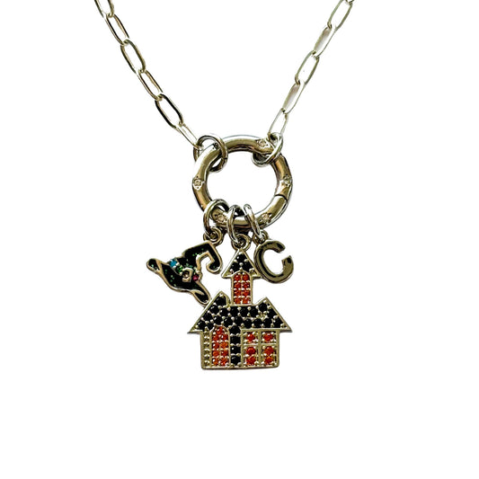 Haunted House Charm Necklace with Witch Hat & Initial, Halloween Paperclip Chain, CZ Clasp, Spooky Gift for Her, Gothic Jewellery