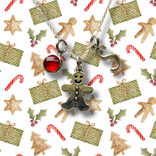 Personalised Gingerbread Man Necklace – Custom Birthstone & Initial Charm – Christmas Jewellery Gift for Her, Festive Stocking Filler