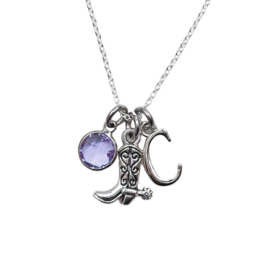 Personalised Cowboy Boot Necklace Birthstone and Initial