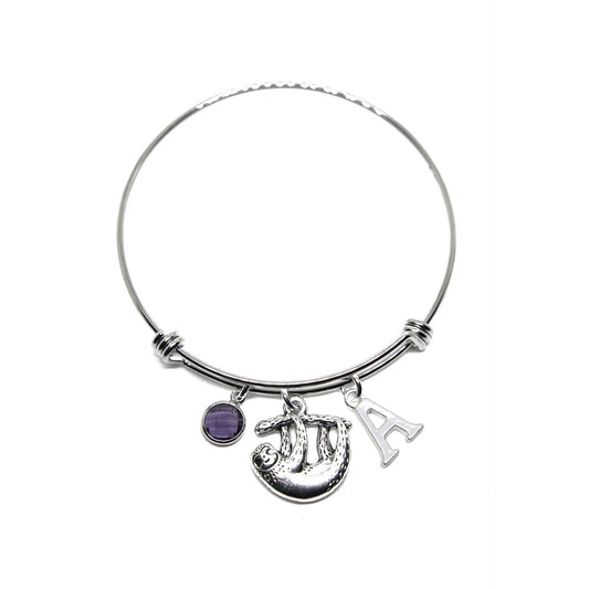 Sloth bracelet, adjustable bangle, personalised gifts, birthstone and letter charms, animal jewellery