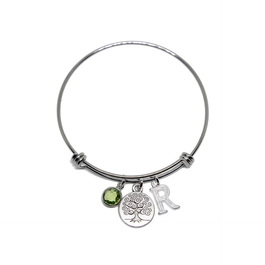 Tree bracelet, adjustable bangle, personalised gifts, birthstone and letter charms, nature family jewellery