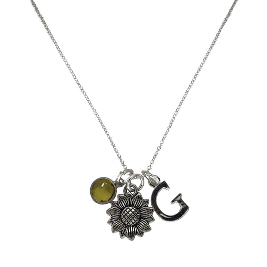 Personalised Sunflower Necklace Birthstone and Initial