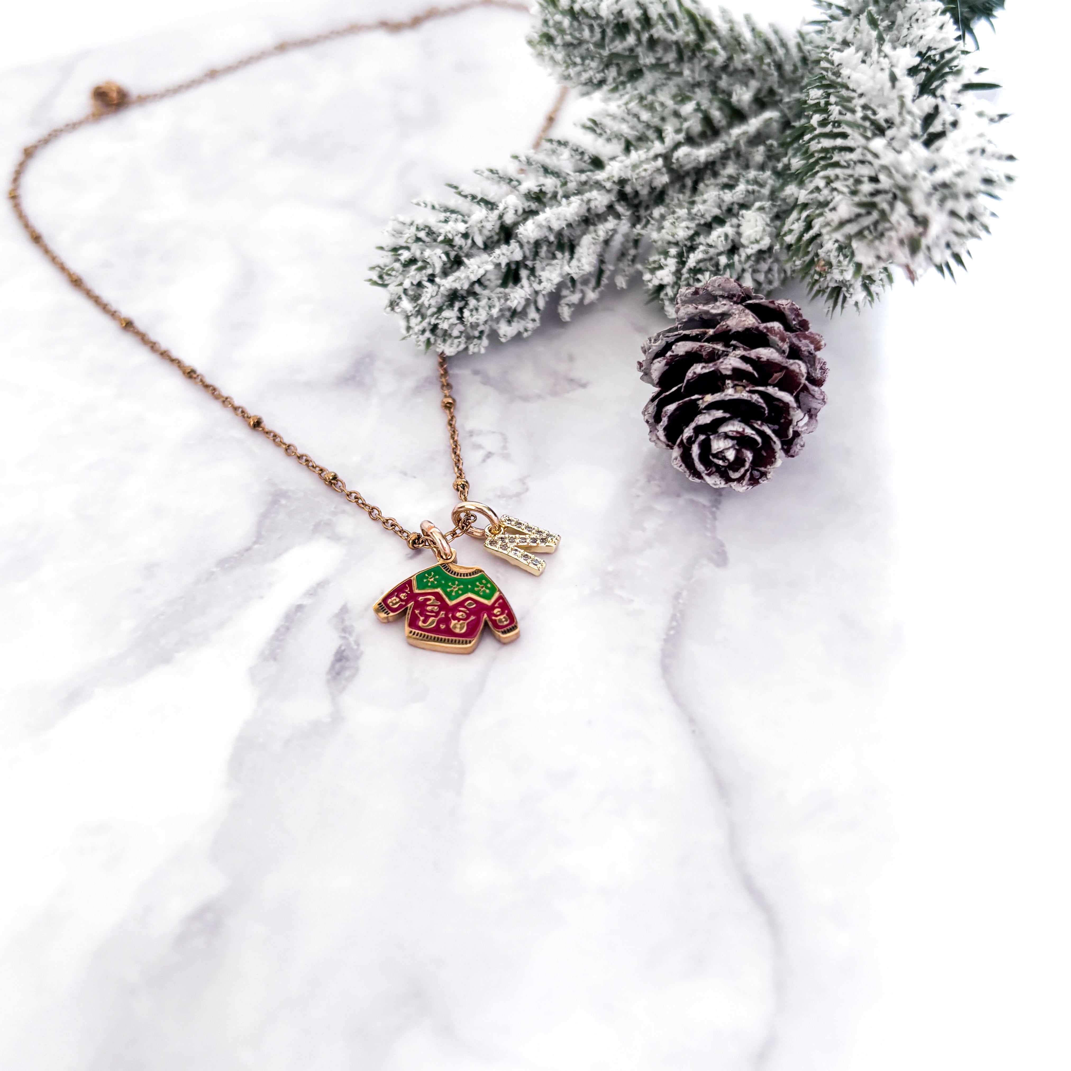 Personalised Christmas Jumper Necklace with Initial Charm
