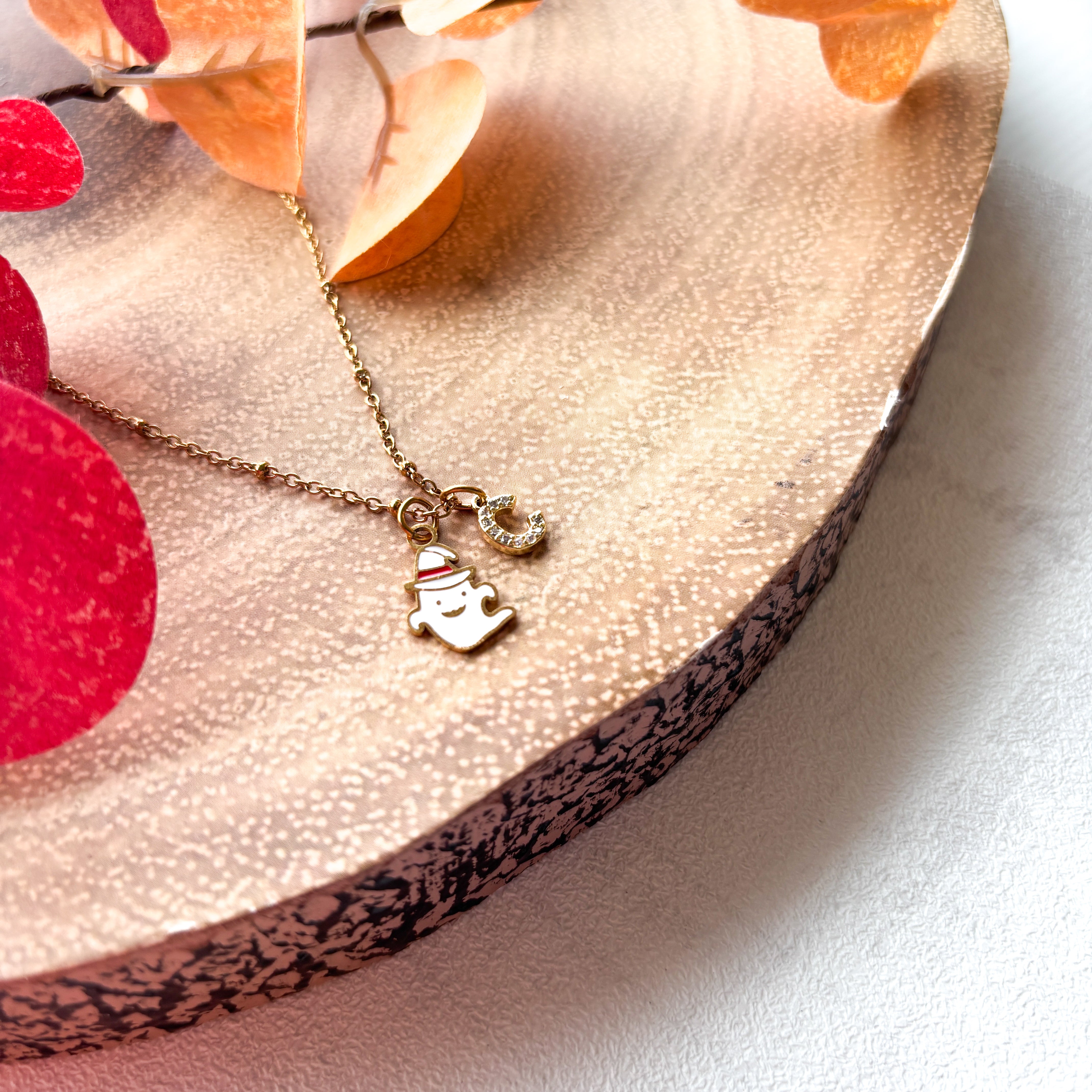 Personalised Ghost Necklace – White Enamel Ghost with Witch Hat