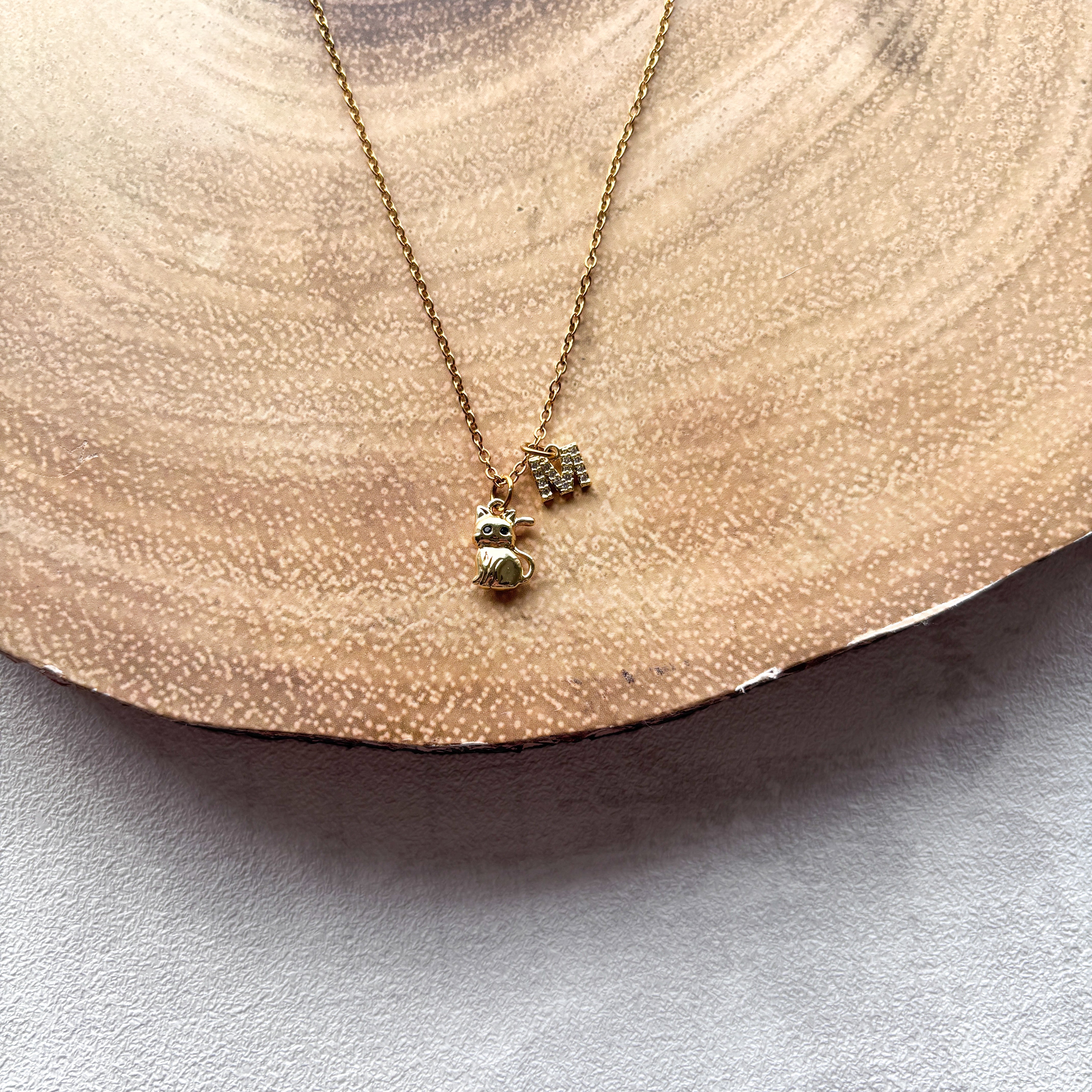 Personalised Cat Necklace – Gold Cat with Black Enamel Eyes