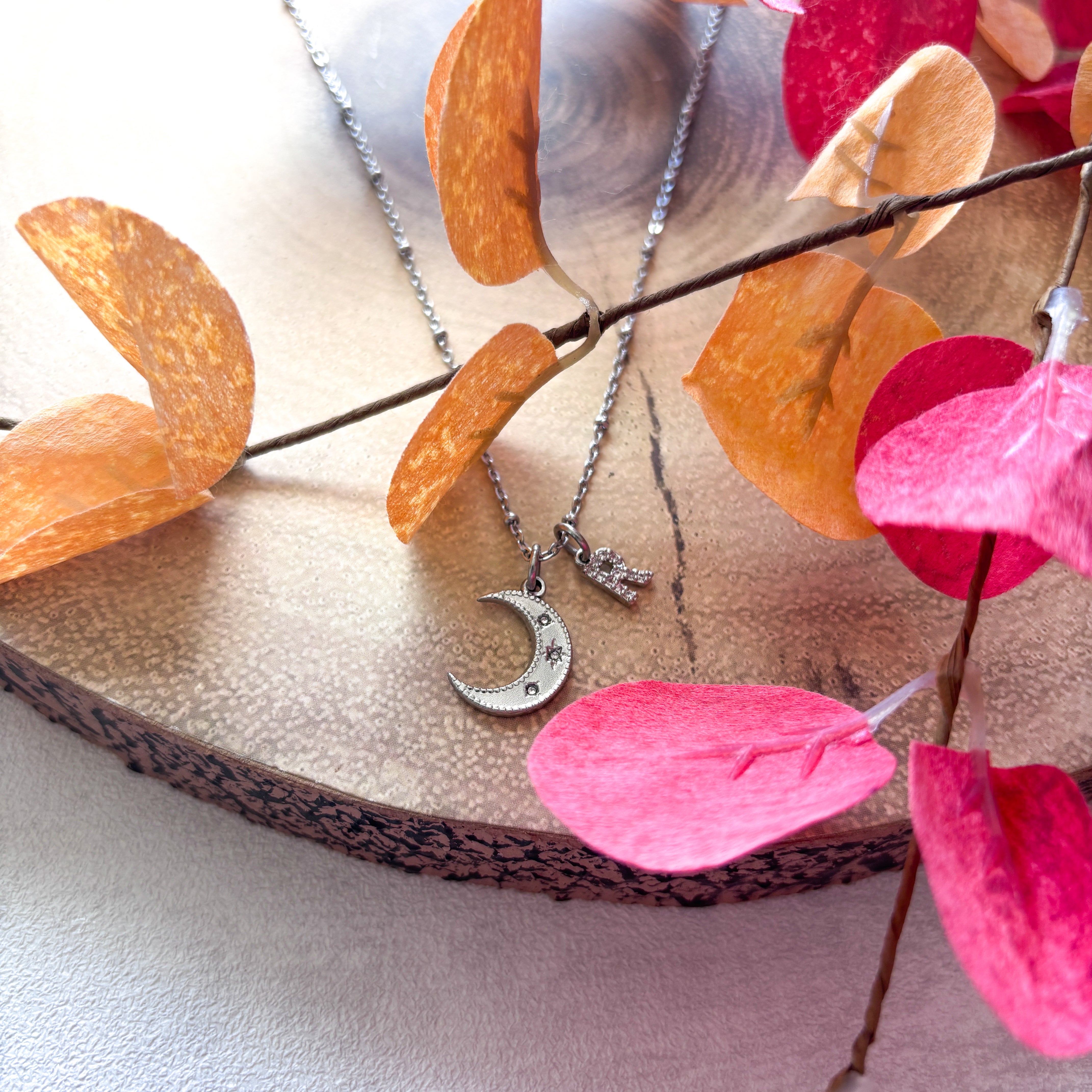 Personalised Half Moon Necklace – Initial Charm Celestial Jewellery