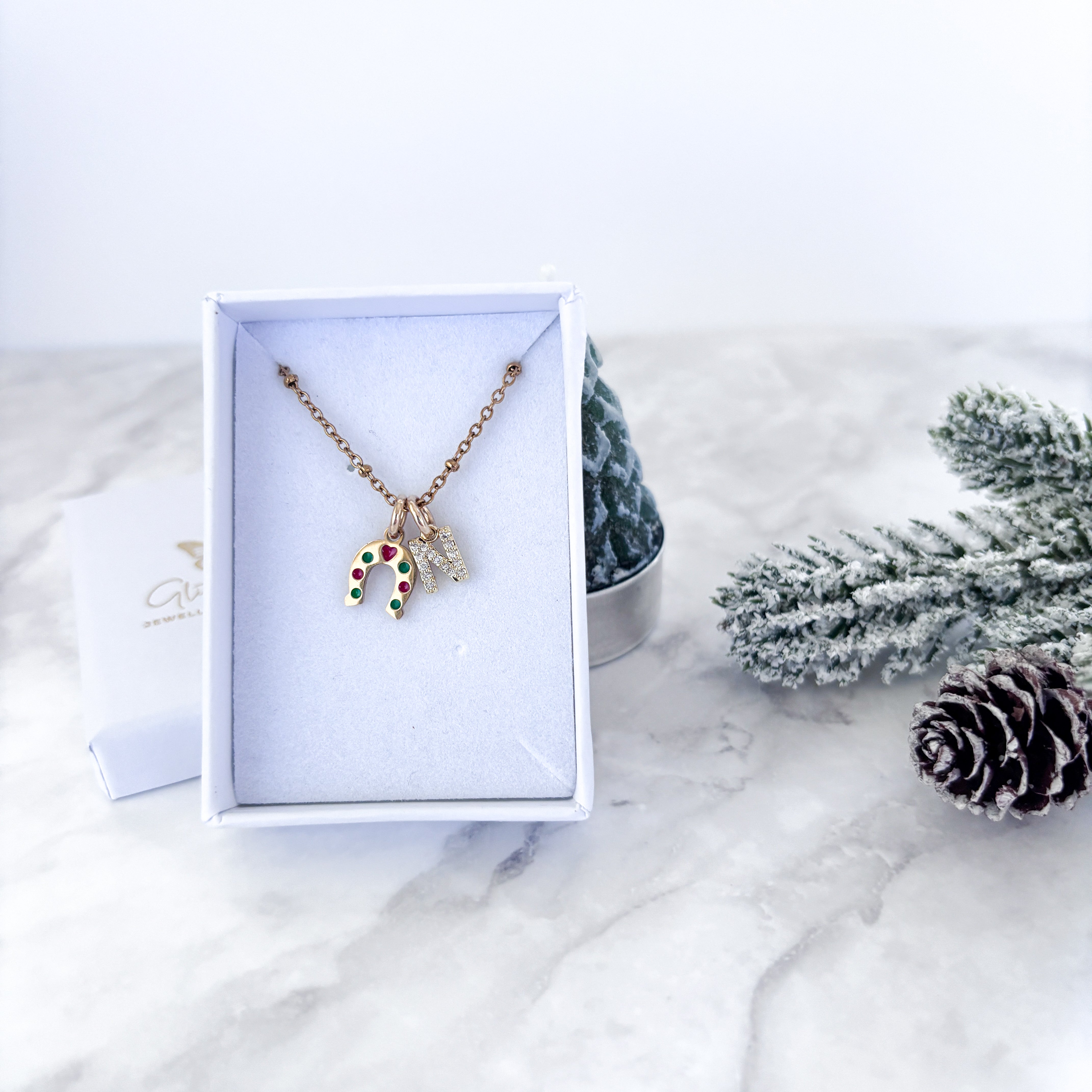 Personalised Christmas Horseshoe Necklace with Initial Charm
