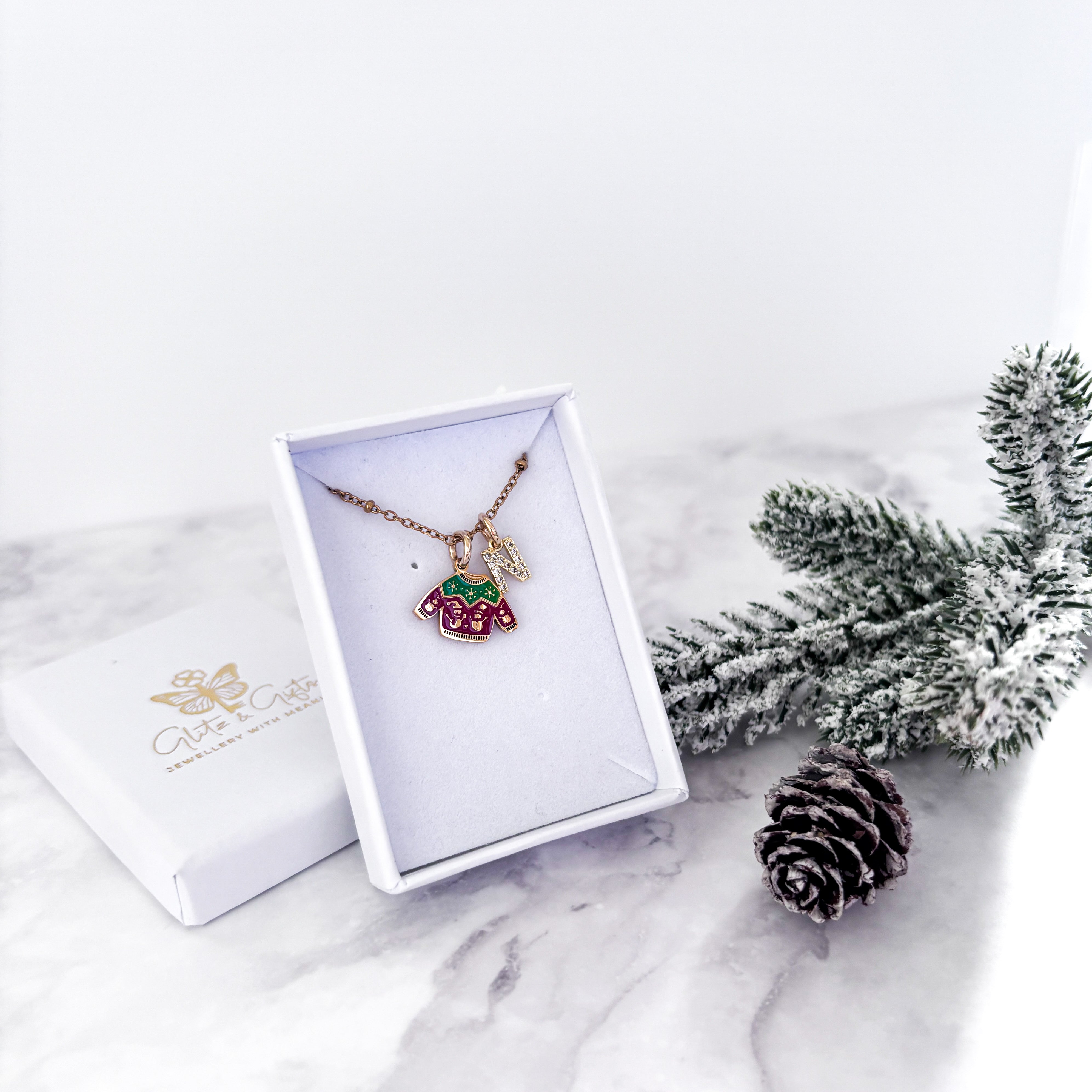 Personalised Christmas Jumper Necklace with Initial Charm