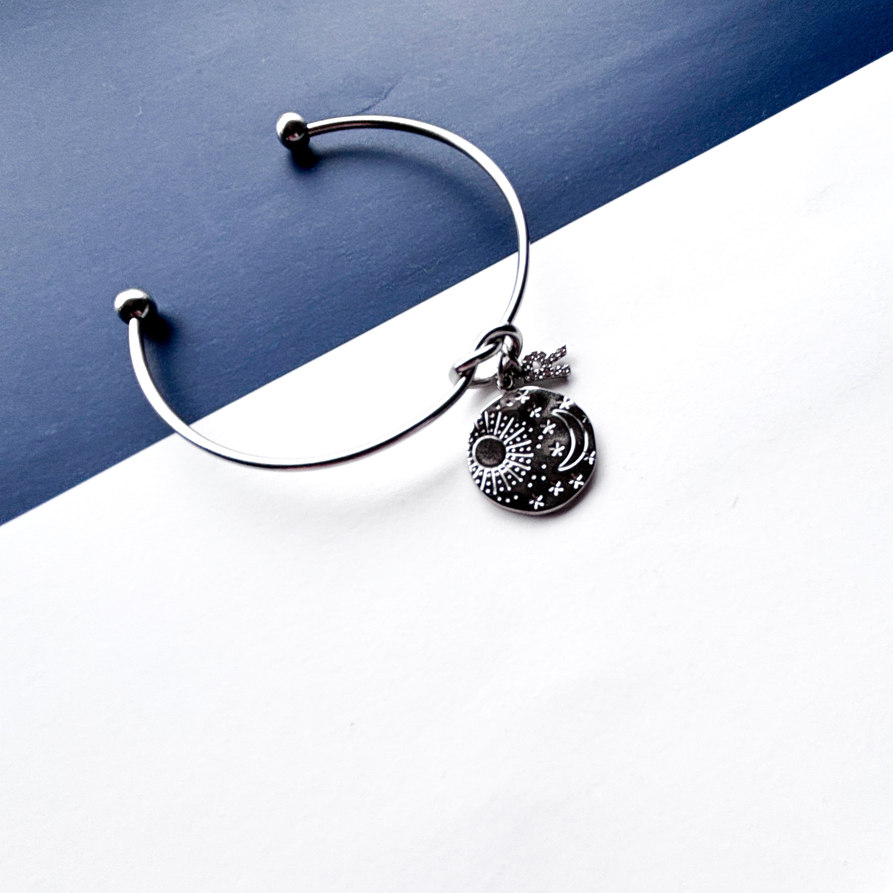 Personalised Moon, Sun & Star Bangle – Initial Charm Celestial Jewellery