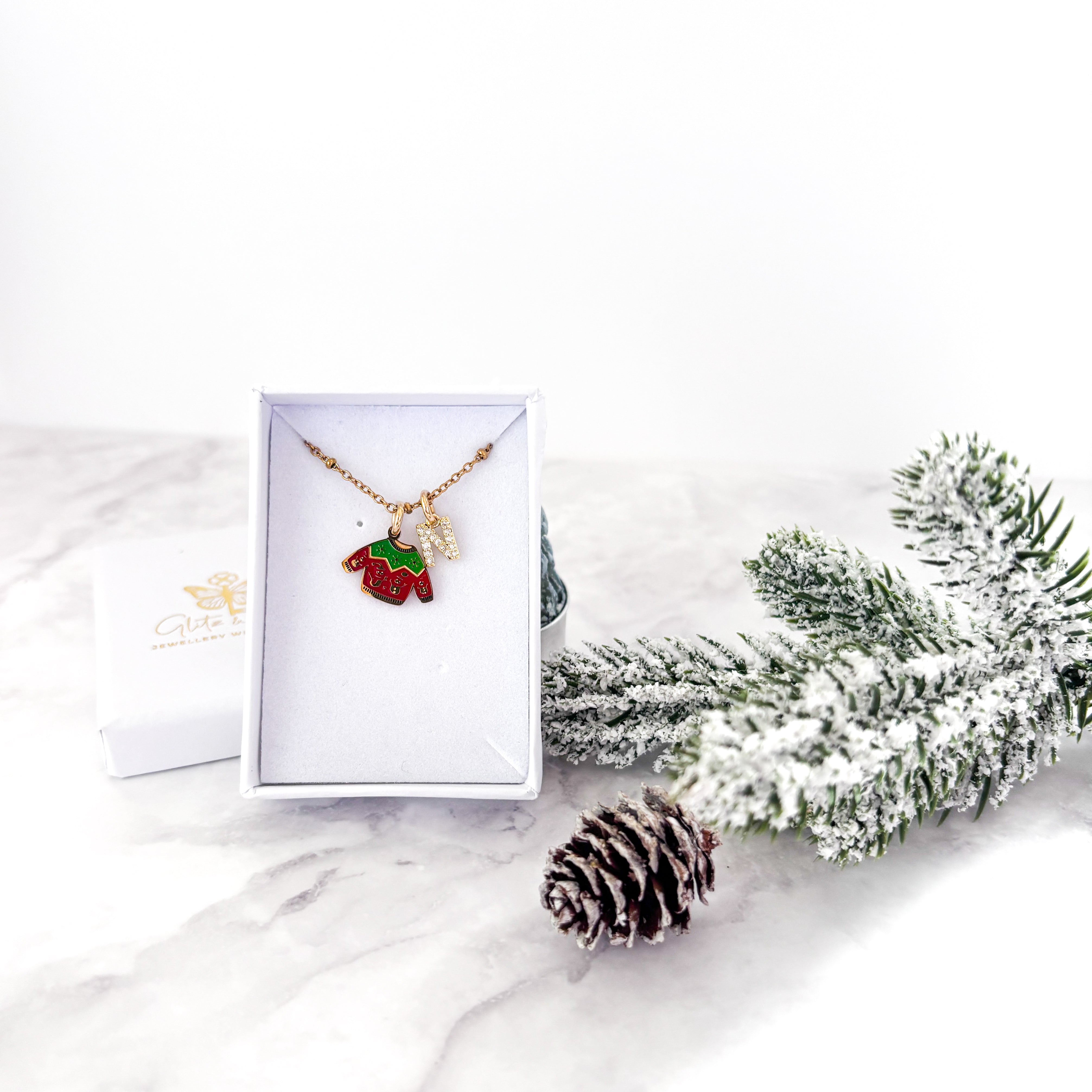 Personalised Christmas Jumper Necklace with Initial Charm