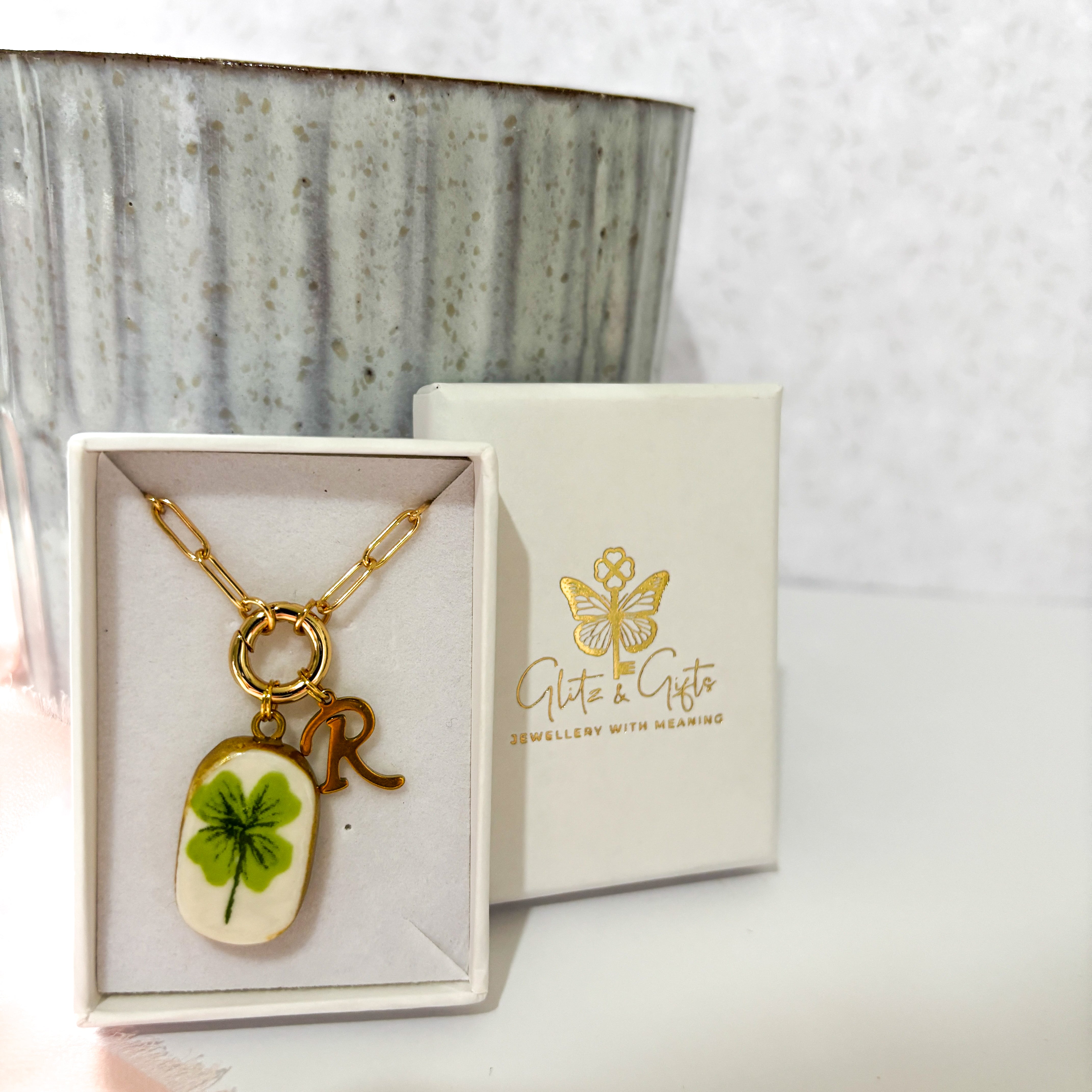 Ceramic Four Leaf Clover Personalised Necklace