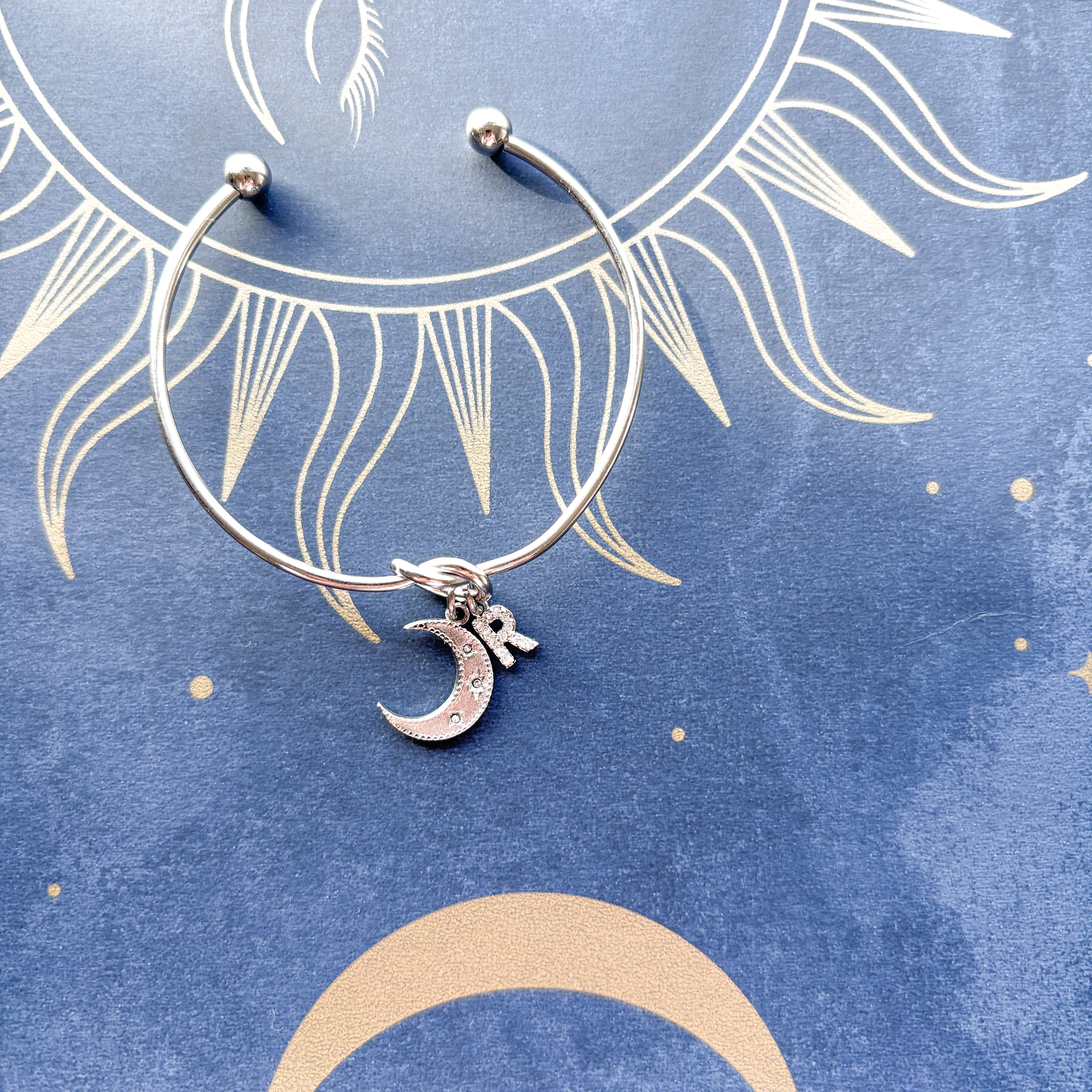Personalised Half Moon Bangle – Initial Charm Celestial Bracelet