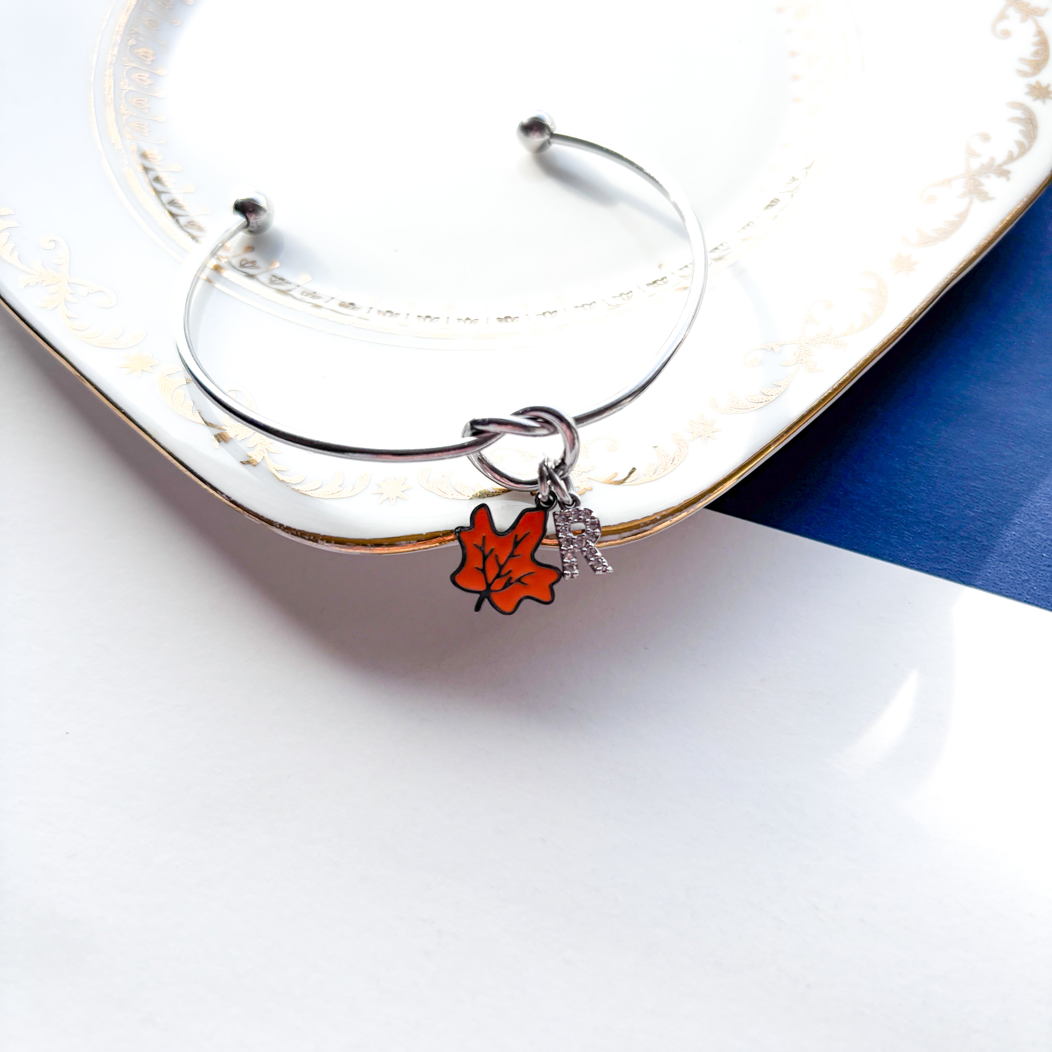 Personalised Enamel Maple Leaf Bangle – Autumn Initial Charm Bracelet