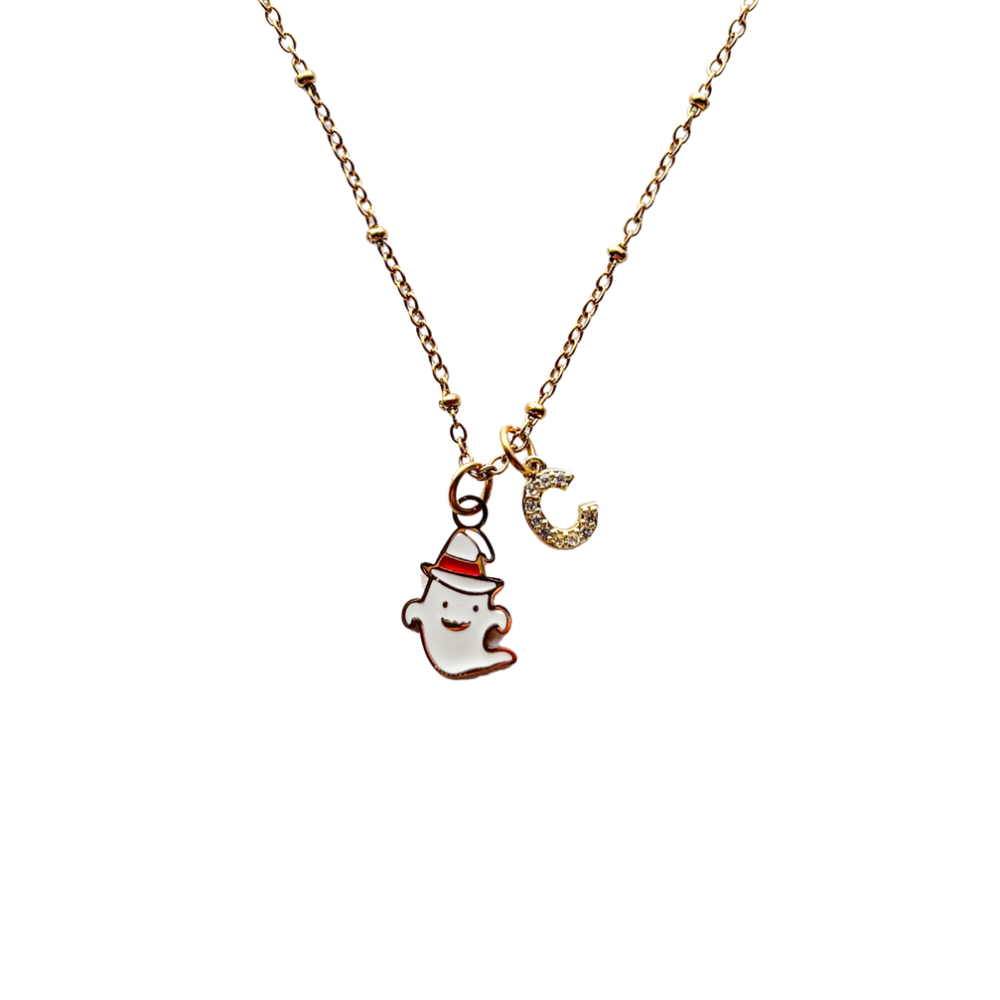 Personalised Ghost Necklace – White Enamel Ghost with Witch Hat