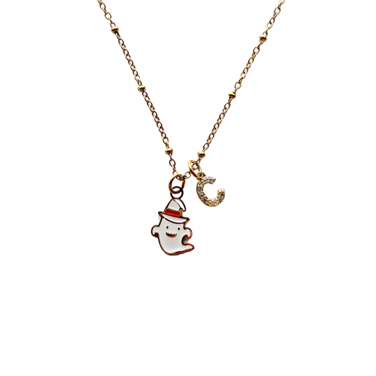 Personalised Ghost Necklace – White Enamel Ghost with Witch Hat