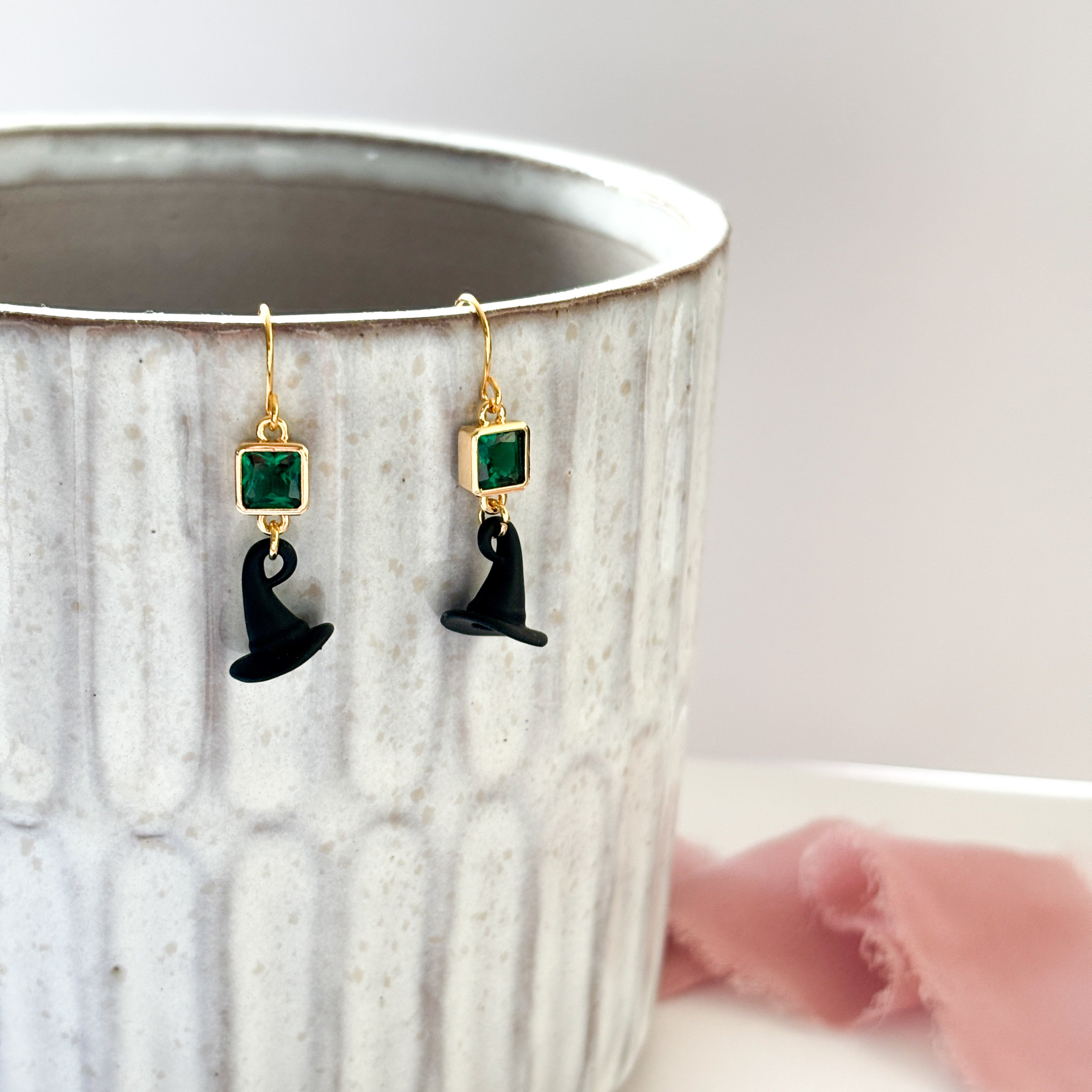 Wicked Witch Hat Dangle Earrings, Green CZ Charm, Witchcore Jewellery