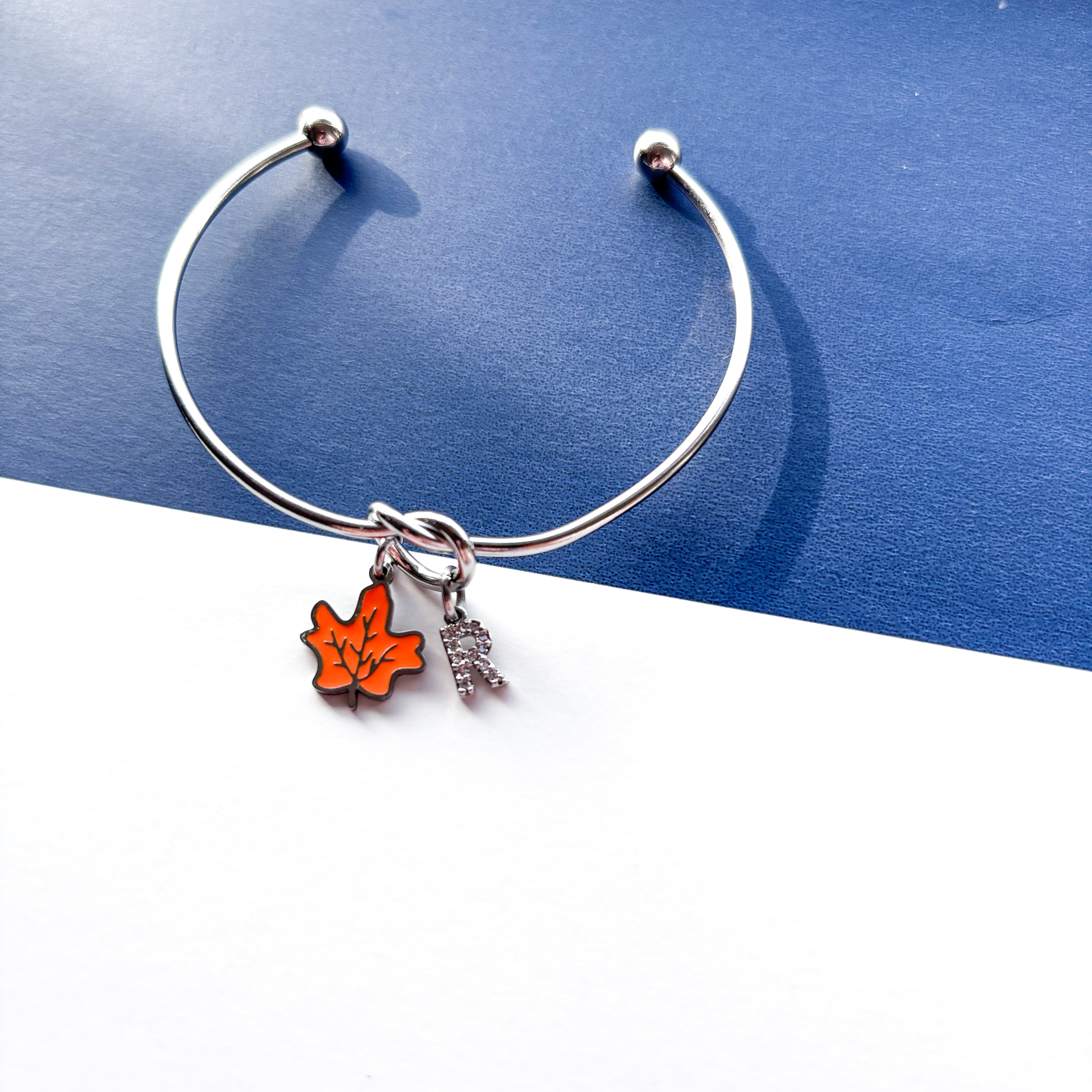 Personalised Enamel Maple Leaf Bangle – Autumn Initial Charm Bracelet