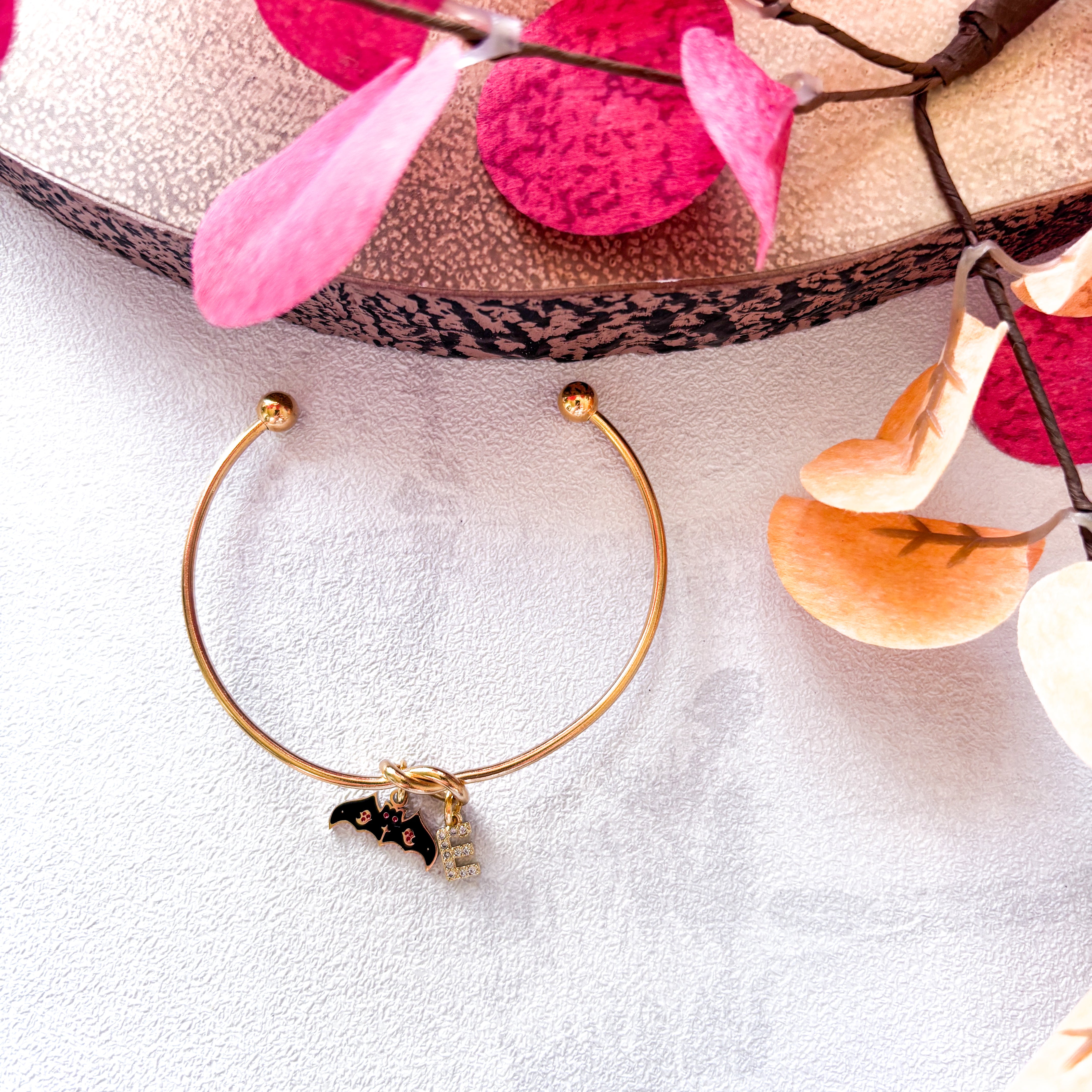 Black Enamel Bat Bangle – Personalised Halloween Bracelet